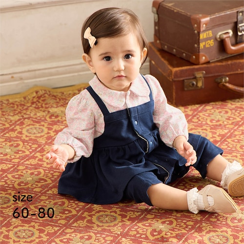 おめかし気分のジャンスカレイヤード風丸襟長袖前開きカエルロンパース 【ベビー服 長袖 前開き きょうだいリンク】