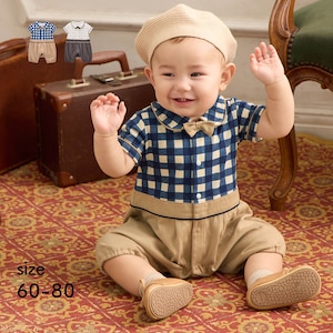 【ベルメゾン】おめかし気分のギンガムシャツレイヤード風半袖前開きカエルロンパース 【ベビー服 半袖 前開き】