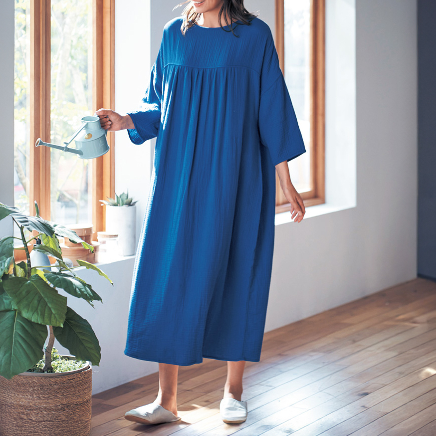 【ベルメゾン】湯上りに着たいそのまま寝られるガーゼワンピース・八分袖