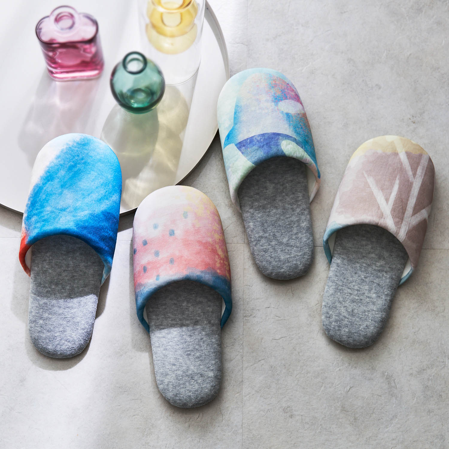 【ベルメゾン】【4足セット】 ウォーターカラーテイストの洗えるスリッパ4足セット