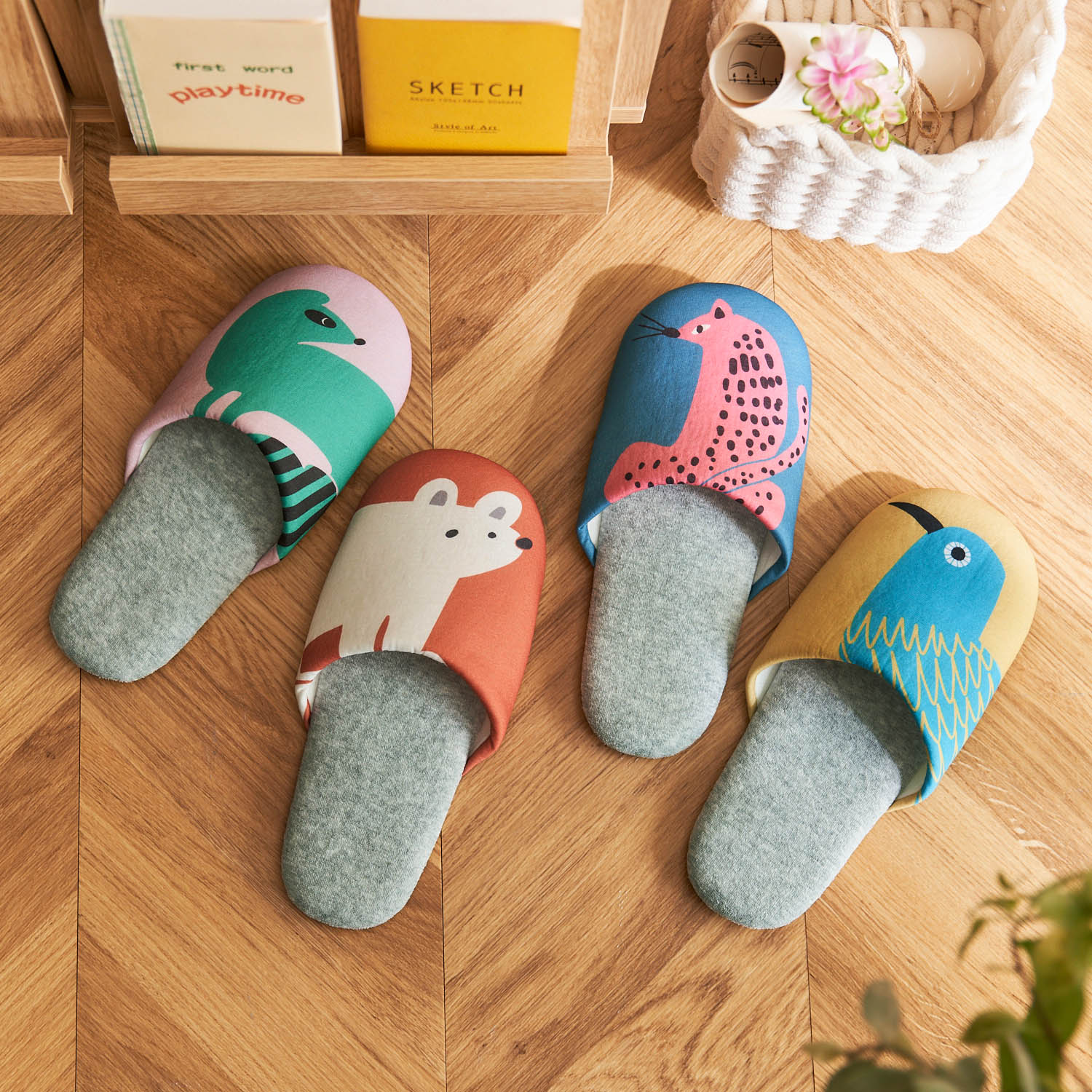 【ベルメゾン】【4足セット】 アニマルデザインの洗えるスリッパ4足セット