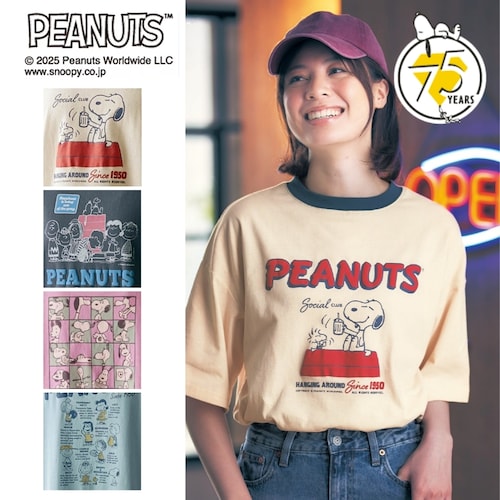 【PEANUTS75周年】 ヴィンテージ風デザインの発泡プリントTシャツ 「スヌーピー」