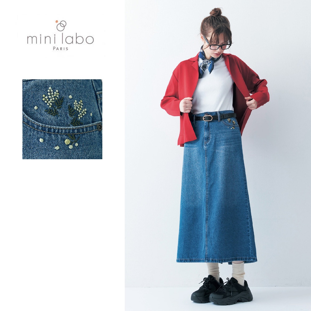 【ミニラボ/mini labo】刺繍がかわいいデニムスカート/ミモザ 「ミニラボ」
