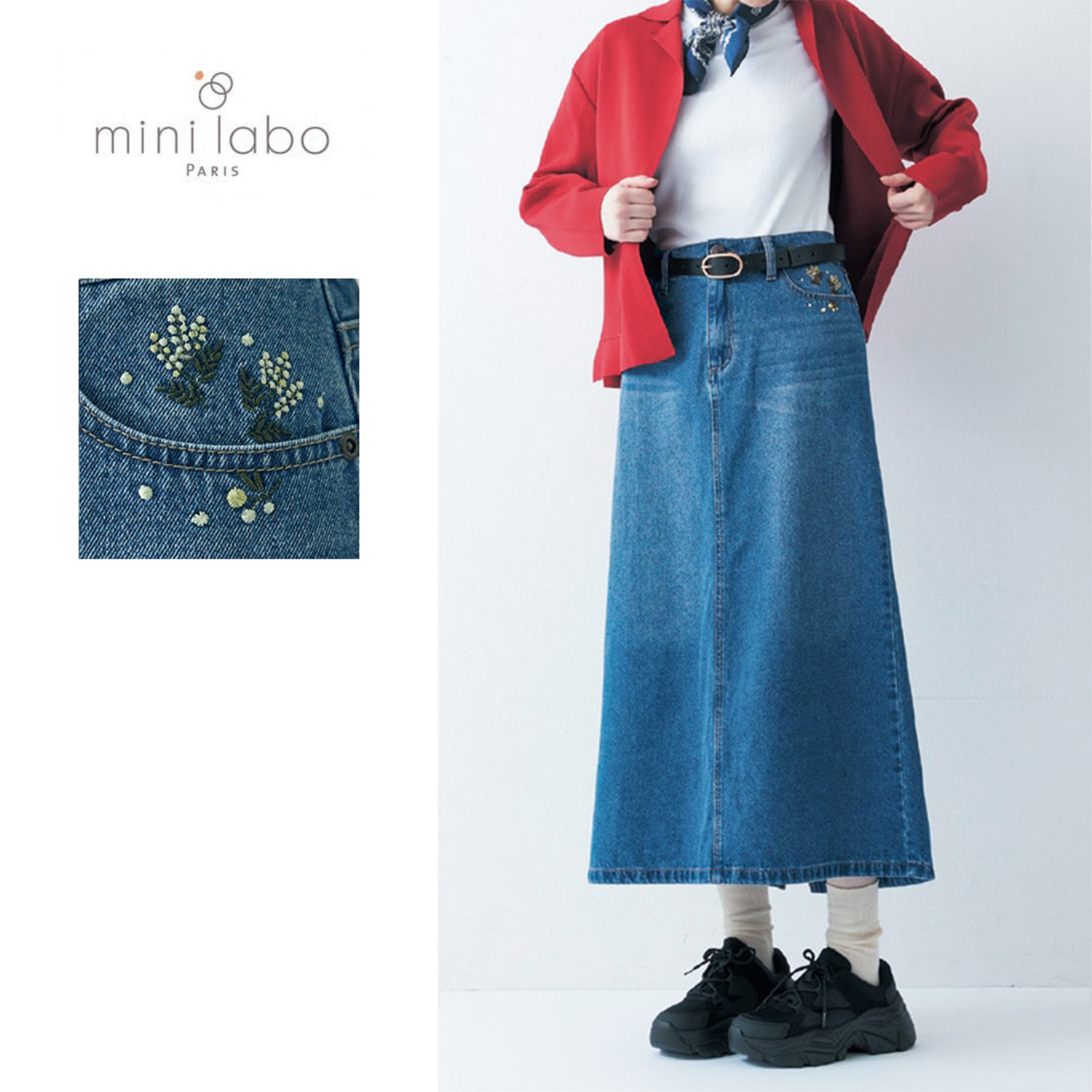 【ミニラボ/mini labo】刺繍がかわいいデニムスカート/ミモザ 「ミニラボ」