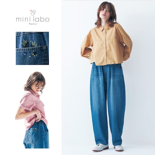 【予約商品】 刺繍がかわいいゆったりフォルムのデニムパンツ／ミモザ 「ミニラボ」