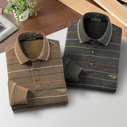 裏起毛ボーダー柄長袖ポロシャツ同サイズ２色組