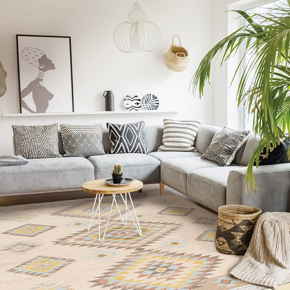 【ベルメゾン】ペールトーンのトライバル調ラグ