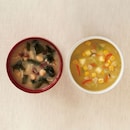 海藻ときのこのお味噌汁＆根菜のコーンポタージュ