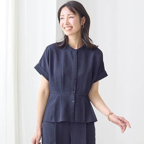 麻調ウエストタックブラウス