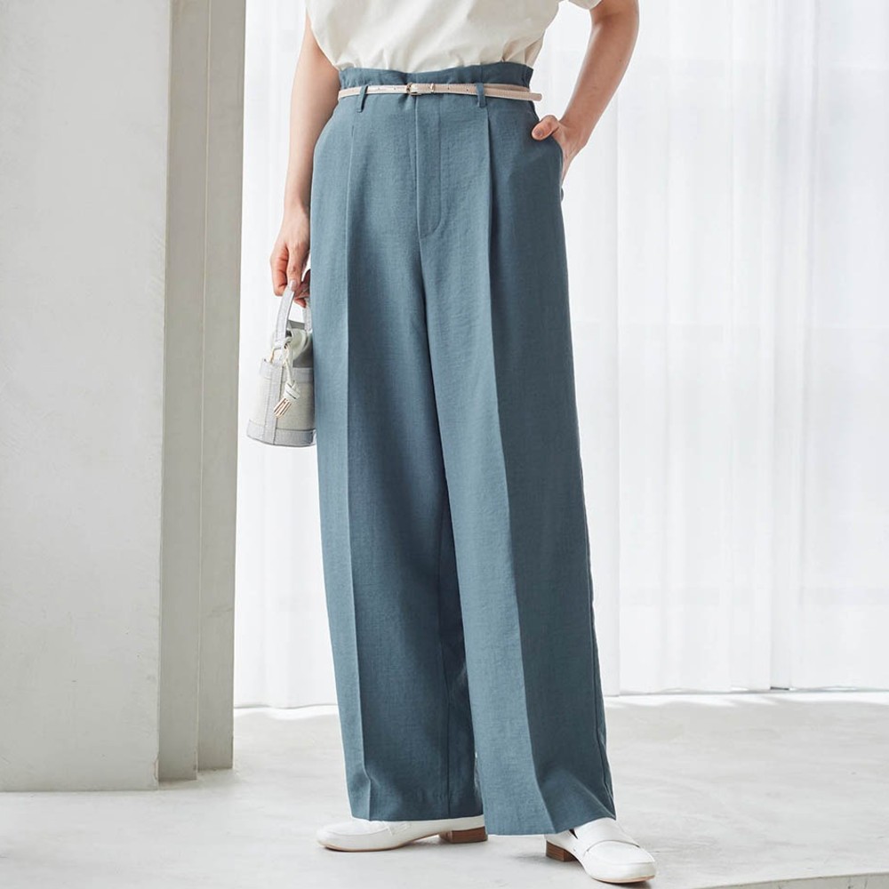 【ラ・フィット/la*fite】麻調ベルト付センプレスワイドパンツ