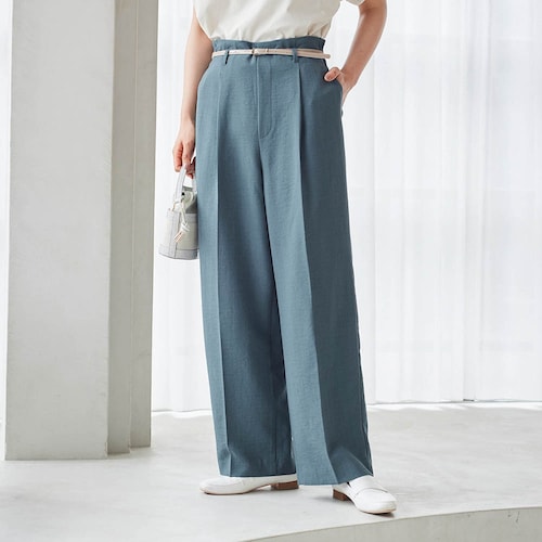 麻調ベルト付センプレスワイドパンツ