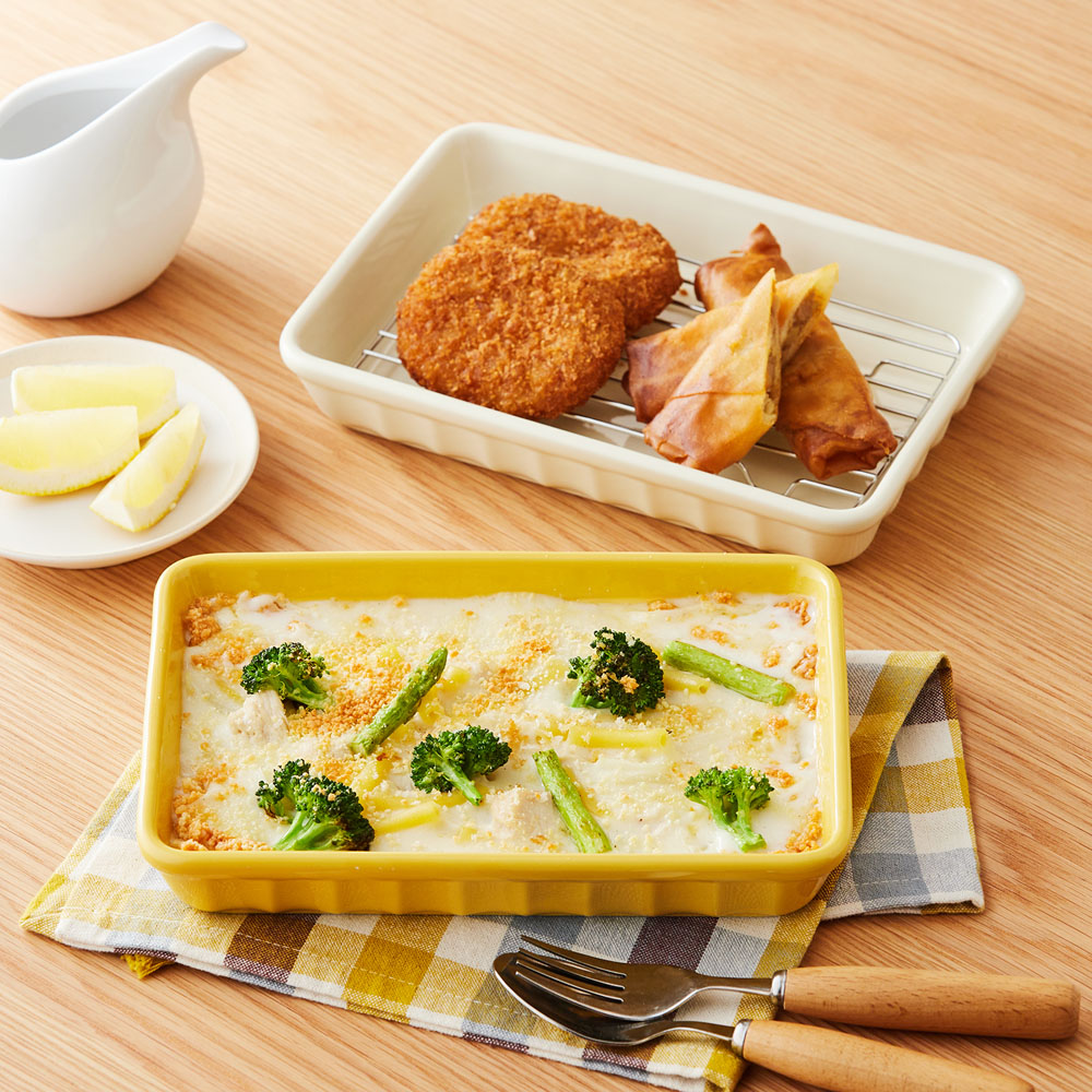 レンジ・オーブン調理できる長皿【バットとしても使える網付き】 レンジ・オーブン調理できる長皿【バットとしても使える網付き】