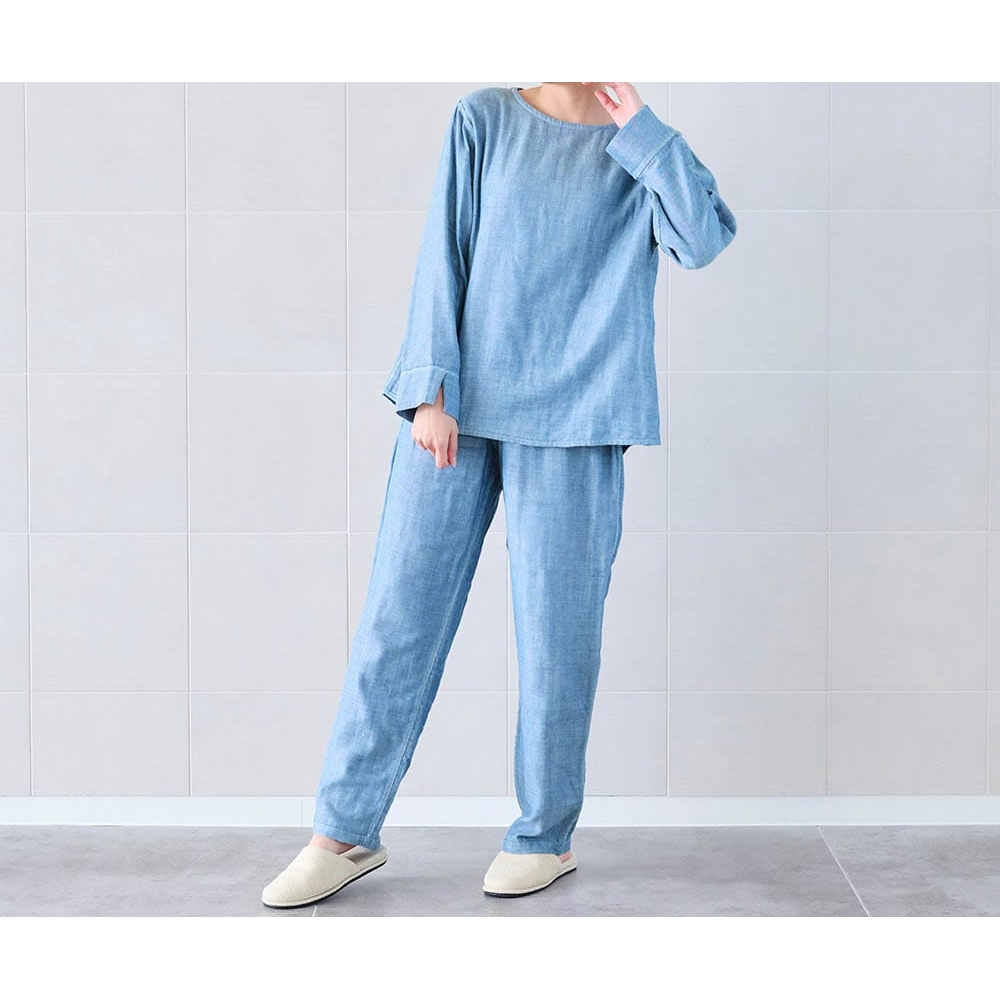 三重ガーゼの長袖パジャマ<br>【ブルー(デニム調)】 三重ガーゼの長袖パジャマ<br>【ブルー(デニム調)】