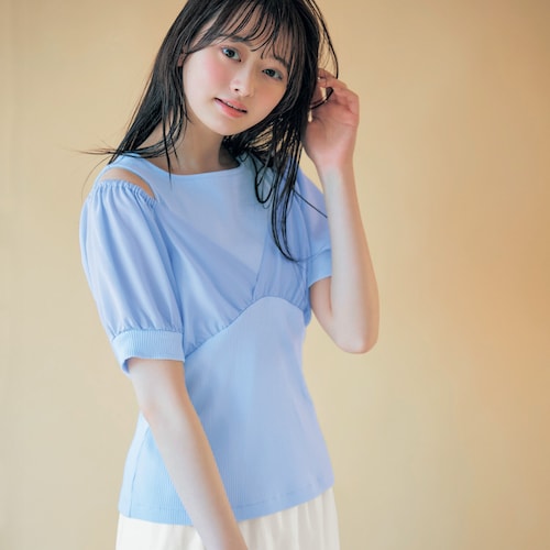 レイヤード風シアーオープンショルダー半袖プルオーバー 【子供服】