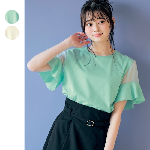 なめらかタッチ袖メロウフレアスリーブシアー切替え半袖Ｔシャツ 【子供服】