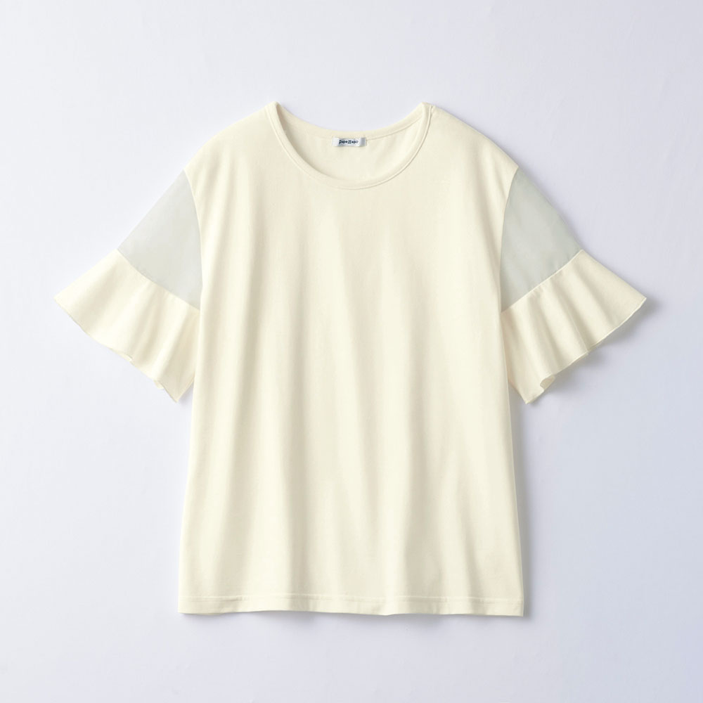なめらかタッチ袖メロウフレアスリーブシアー切替え半袖Tシャツ 【子供服】 なめらかタッチ袖メロウフレアスリーブシアー切替え半袖Tシャツ 【子供服】