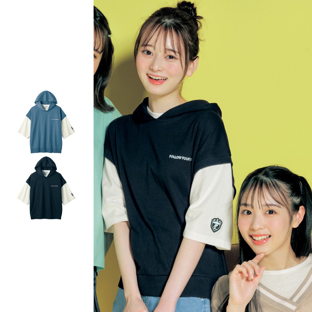 ―デザイン・スタイリング―・Tシャツ×ベスト風プルパーカのレイヤード風・ゆったり身幅のマニッシュなシルエット・春終わりから長く着られるハーフスリーブ・左胸のロゴ刺繍と左袖のワッペンがアクセント―素材―