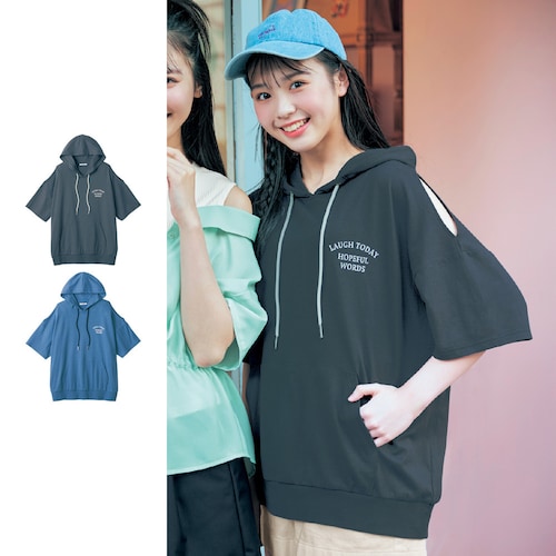 ショルダースリット綿素材半袖ルーズプルパーカ 【子供服】
