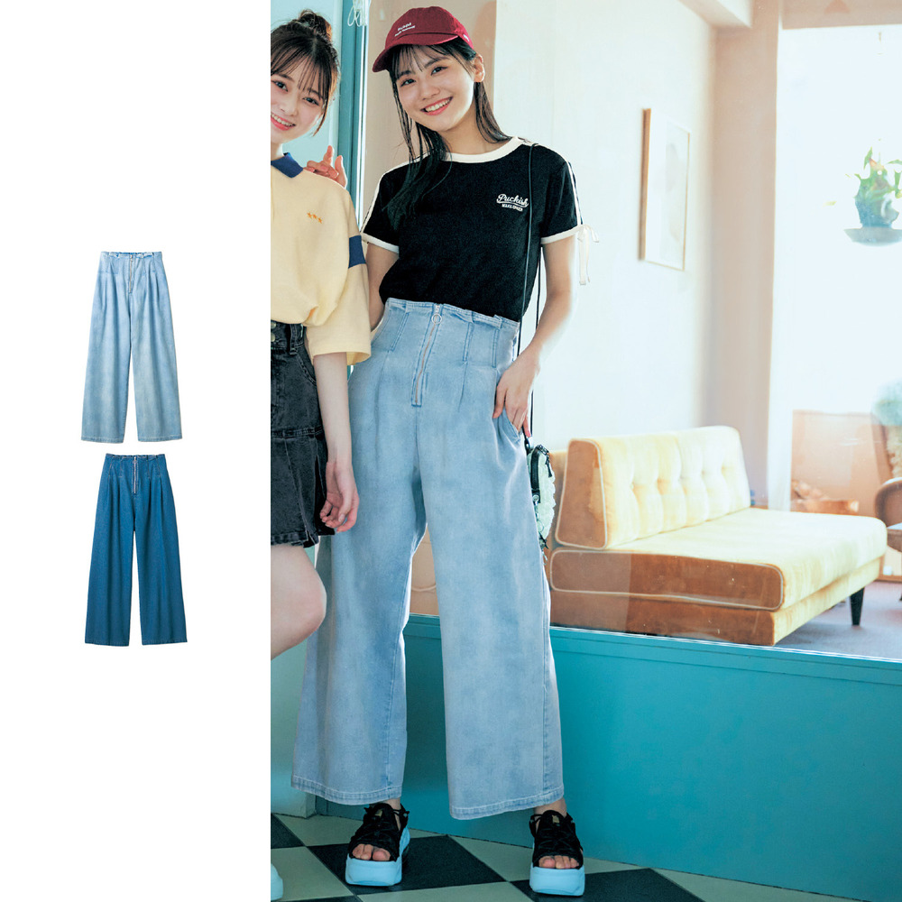 【パペル ラピス/Papel lapiz】ハイウエストリングジップタックワイドデニムパンツ(ウエスト調節可) 【子供ズボン】