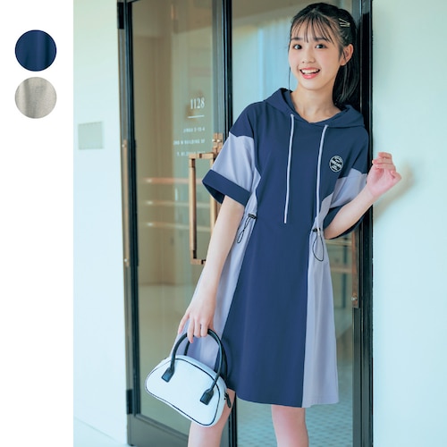 配色切替え綿素材ドロストパーカワンピース 【子供服 半袖】