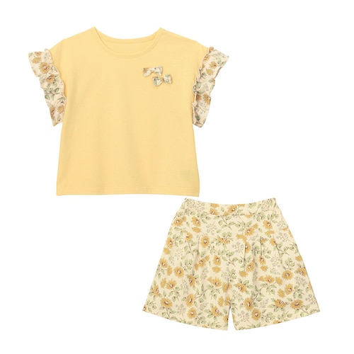 ひまわり柄袖タックフリルリボンＴシャツ＆キュロットセット 【子供服 子供ズボン 半袖】