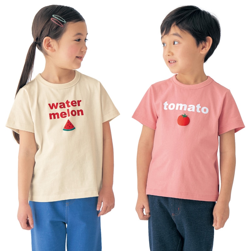 左)オフホワイト（スイカ）／113cm・110、右)ピーチピンク（トマト）／112cm・110