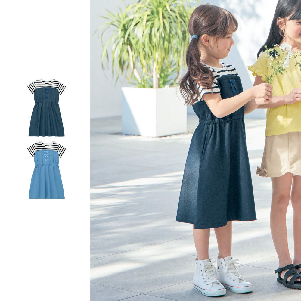 【ジータ/GITA】デニム風ニット切替えドッキングワンピース 【子供服 半袖】
