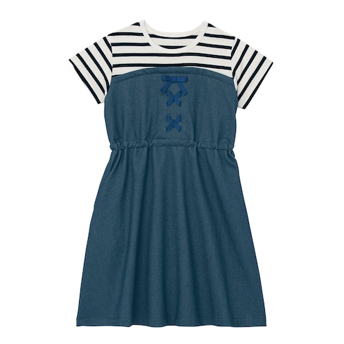 デニム風ニット切替えドッキングワンピース 【子供服 半袖】