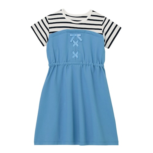 デニム風ニット切替えドッキングワンピース 【子供服 半袖】