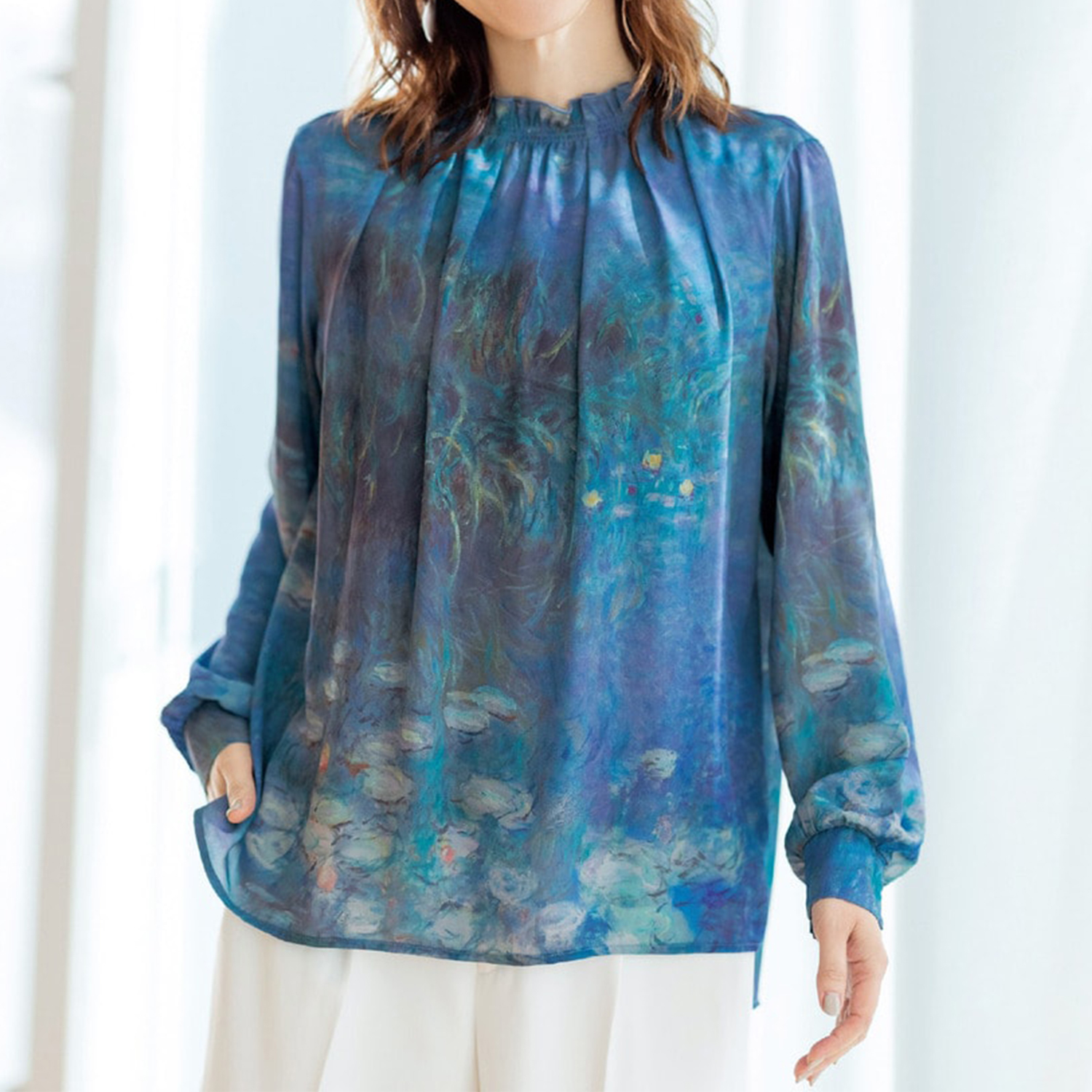 【花笑むとき/hana emu toki】カットソー裏地付きプリントブラウス【モネ睡蓮プリント】