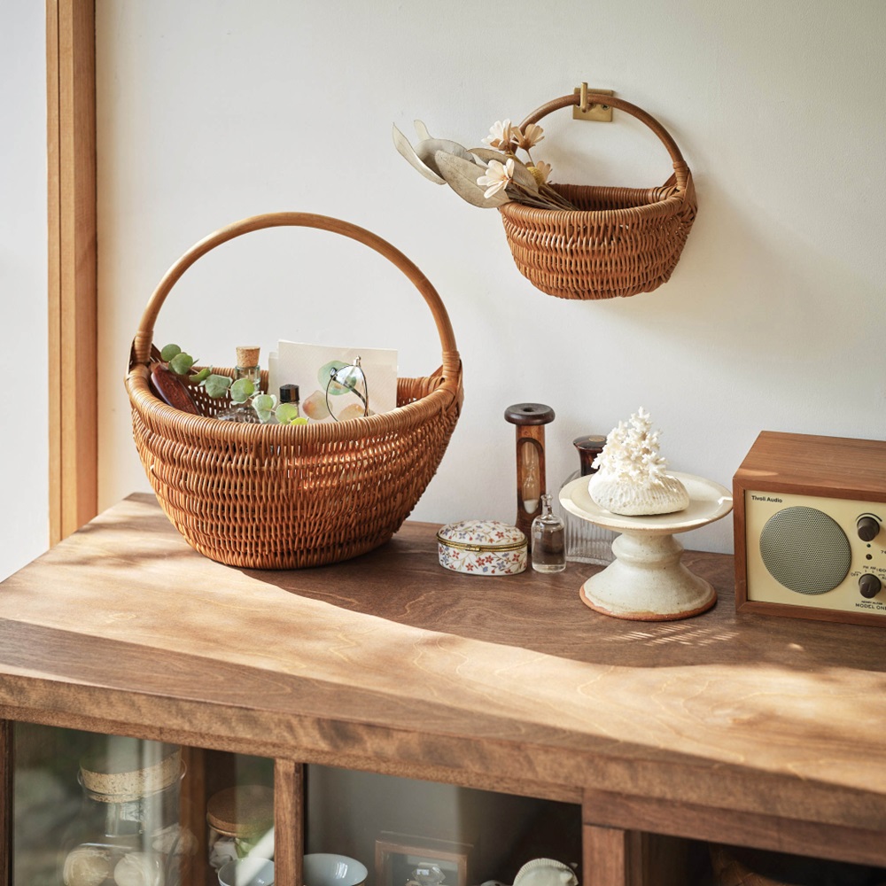 【ベルメゾン】引っ掛けられるラタンバスケット大小2個セット