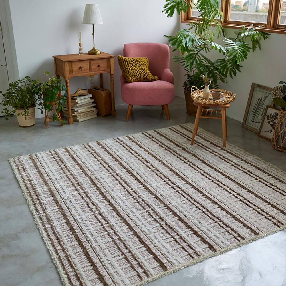 【ベルメゾン】チェック柄のウール混防ダニ加工付きラグ [日本製]