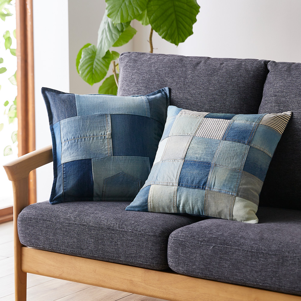 【ベルメゾン】パッチワークのデニムクッションカバー(トラム)