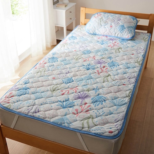 綿素材を使った接触冷感リバーシブル敷きパッド＆枕パッドセット／海の宝物 「ミニラボ」