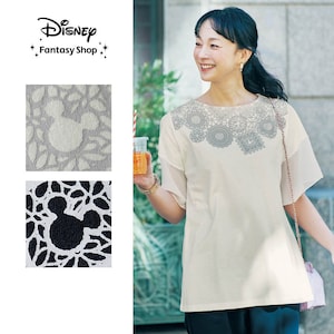 【ディズニー/Disney】軽やかな素材で二の腕をカバーも◎袖シフォン切替カットソーチュニック「ミッキーモチーフ」
