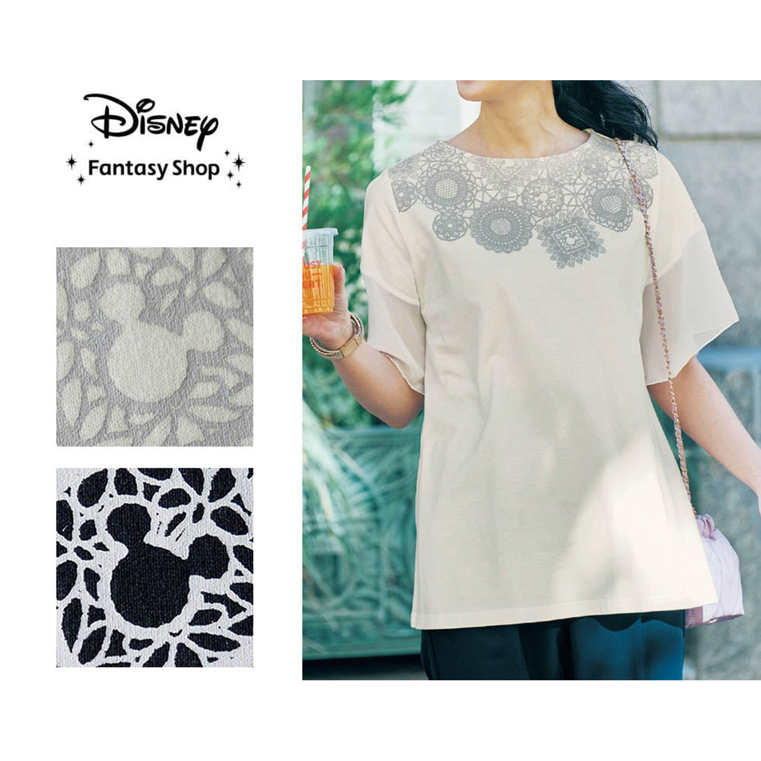 【ディズニー/Disney】軽やかな素材で二の腕をカバーも◎袖シフォン切替カットソーチュニック「ミッキーモチーフ」 【ディズニー/Disney】軽やかな素材で二の腕をカバーも◎袖シフォン切替カットソーチュニック「ミッキーモチーフ」