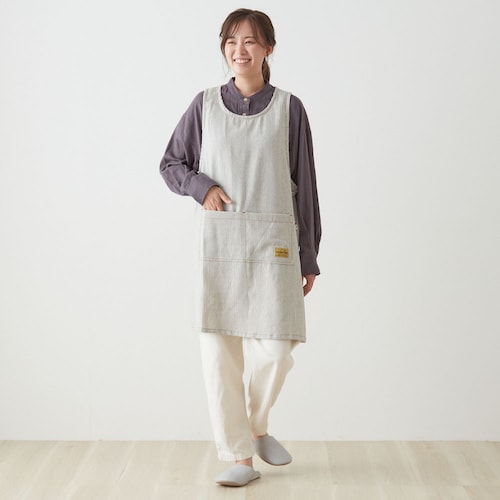 デニム風コットン脇ボタンエプロン