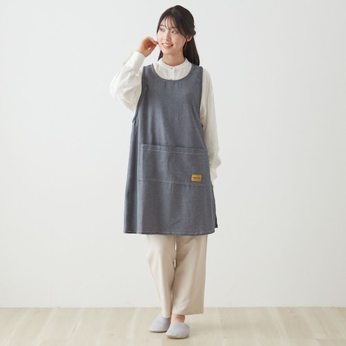 デニム風コットン脇ボタンエプロン
