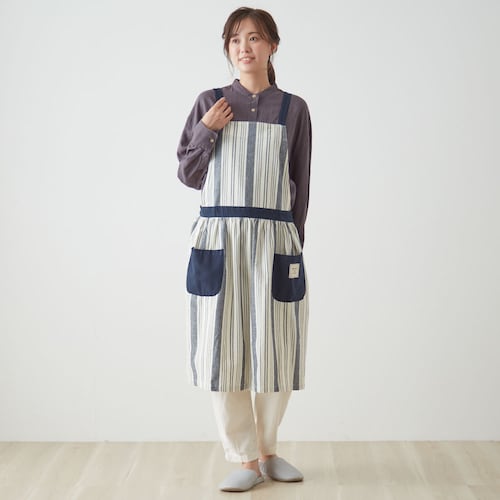 ストライプ コットンギャザーエプロン