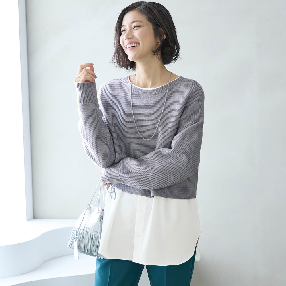 【スタイルノート/StyleNote】ガーター編みニット+レイヤードシャツ 2点セット