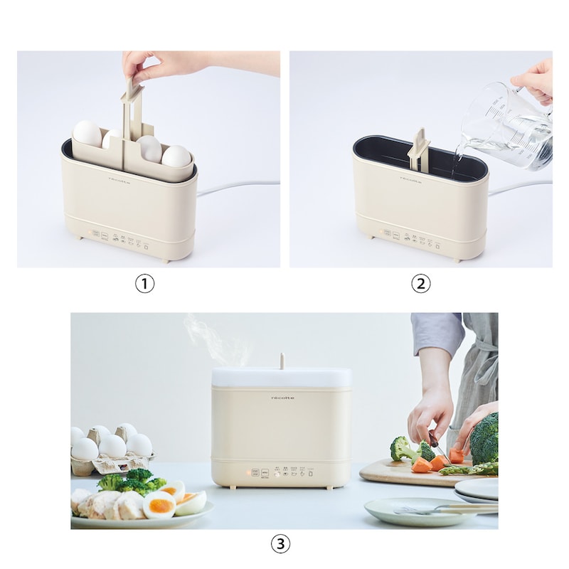 食材を［カゴ］にのせて水を注ぎ調理メニューを選択、【START/STOP】ボタンを押すだけ