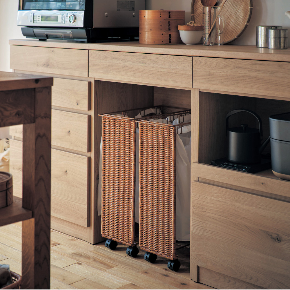 【ベルメゾン】ラタン調カウンター下分別キッチンゴミ箱