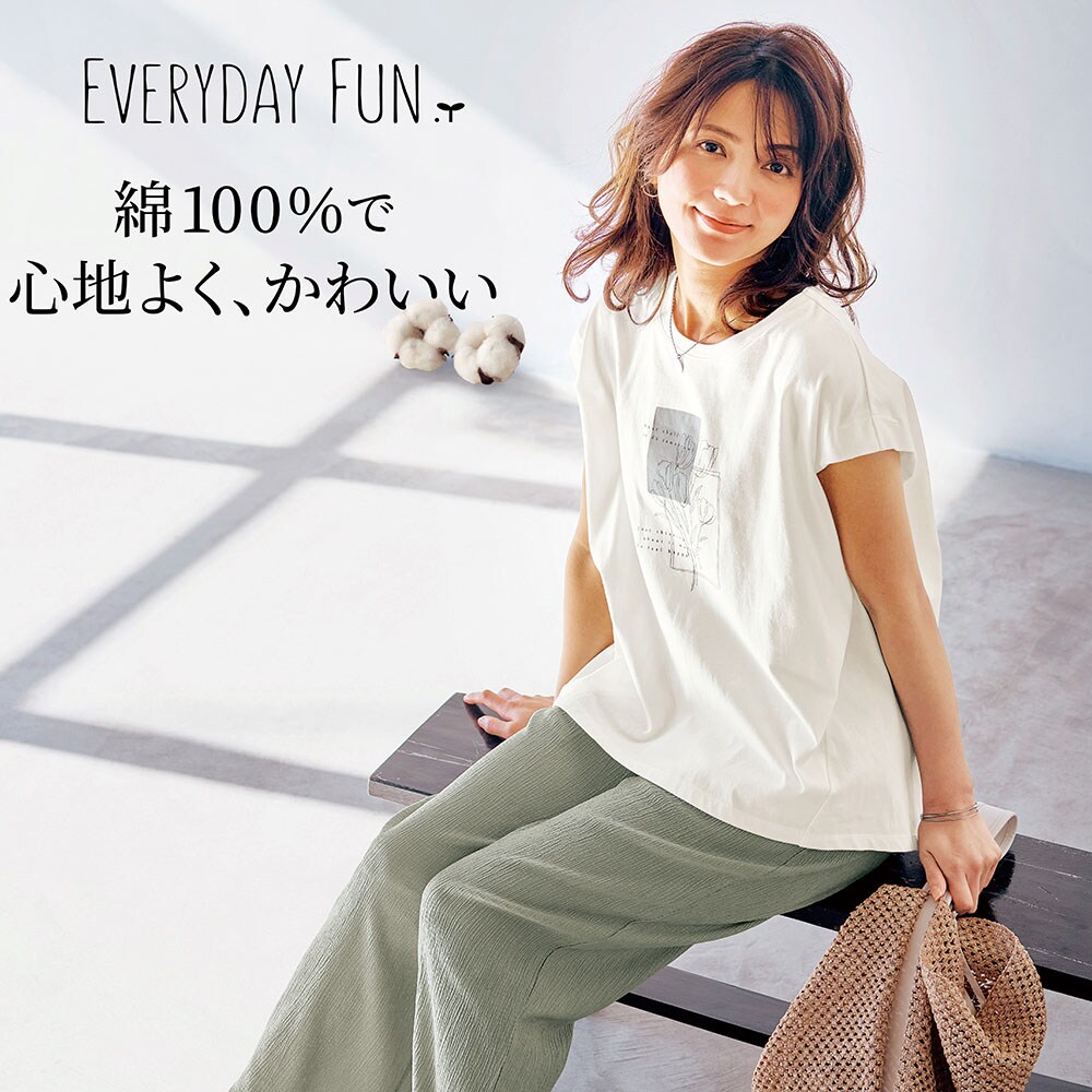 【エブリデイファン/EVERYDAY FUN 】ゆったりきれいシルエットのコットンプリントTシャツ