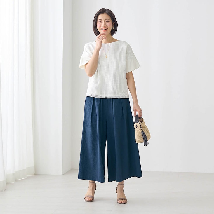 ふわっと軽やかスラブ楊柳ボリュームワイドパンツ