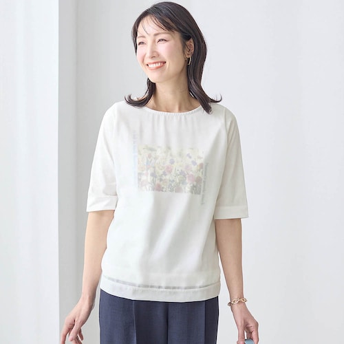 前身頃シフォン重ねプリントカットソー