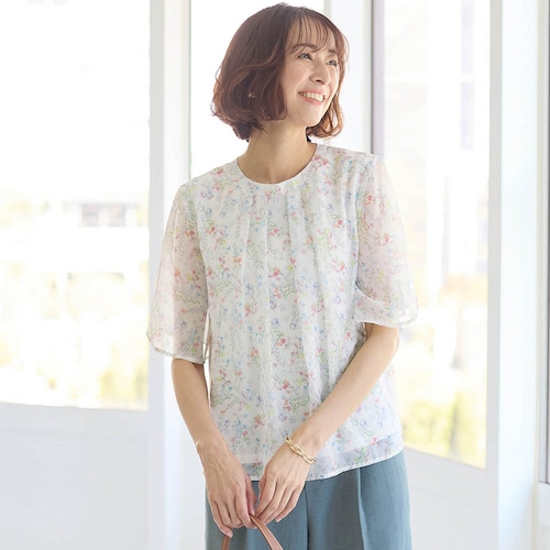裏カットソー付きタックシフォンブラウス