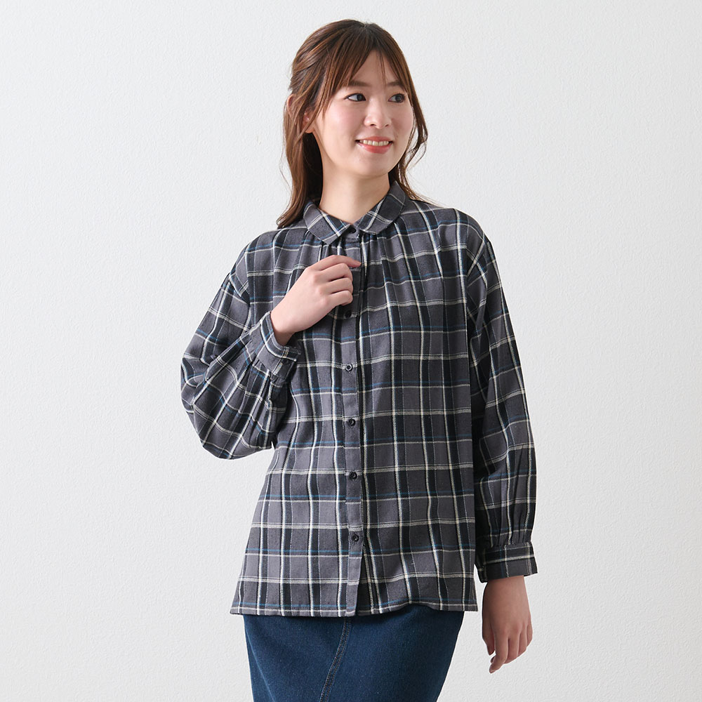 【ベルメゾン】ギャザー入りチェックシャツ