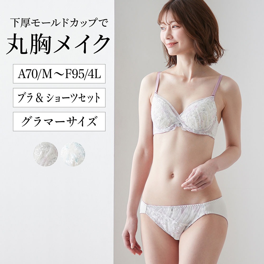 【ベルメゾン】【プチプラ】小花刺繍レースブラ & ショーツ 【A70/M~F95/4L】