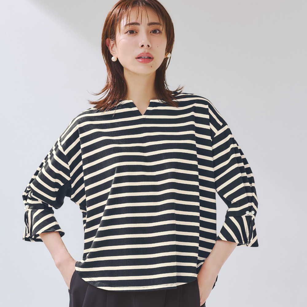 【花笑むとき/hana emu toki】ボーダー六分袖カットソー 【花笑むとき/hana emu toki】ボーダー六分袖カットソー