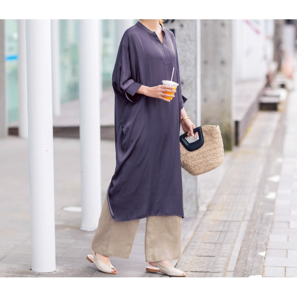 【花笑むとき/hana emu toki】シャイニーサテンの五分袖ワンピース 【花笑むとき/hana emu toki】シャイニーサテンの五分袖ワンピース